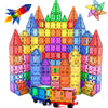 A colorful structure built from magnetic building blocks shaped like a dinosaur animal figure.