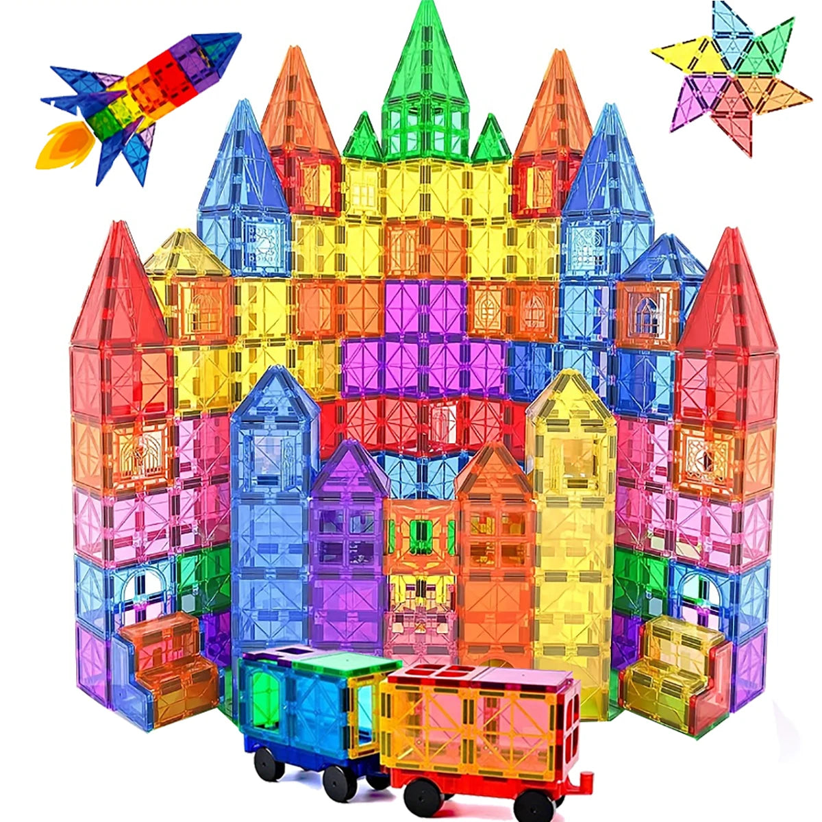 A colorful structure built from magnetic building blocks shaped like a dinosaur animal figure.