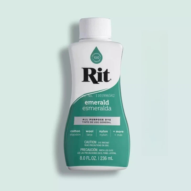 Bottle of Rit emerald dye liquid with a white cap and label