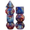 A set of seven premium glitter polyhedral dice in various colors and shapes for tabletop role-playing games