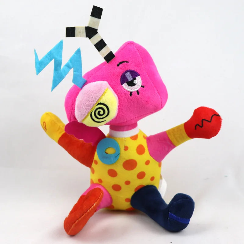 A pink plush toy resembling a stylized elephant with lightning bolt accents and striped antennae.