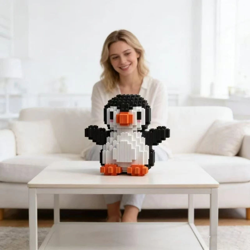 A woman is smiling while sitting on a white sofa with a penguin mini building block toy on a white table.