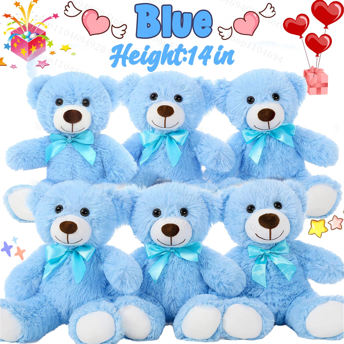 A set of five blue plush teddy bears, 14 inches tall, with light blue accents and bows.