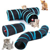A black foldable S-shaped cat tunnel with blue accents and hanging ball toys, featuring several cats.