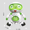 A white and green spinning dancing robot with lights and music shown from the top view.