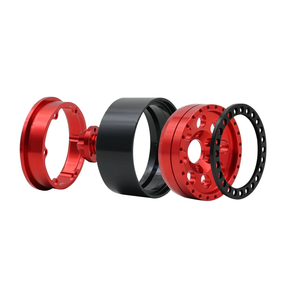 A set of three red and black metal beadlock wheels for an RC crawler, featuring a removable hex hub.