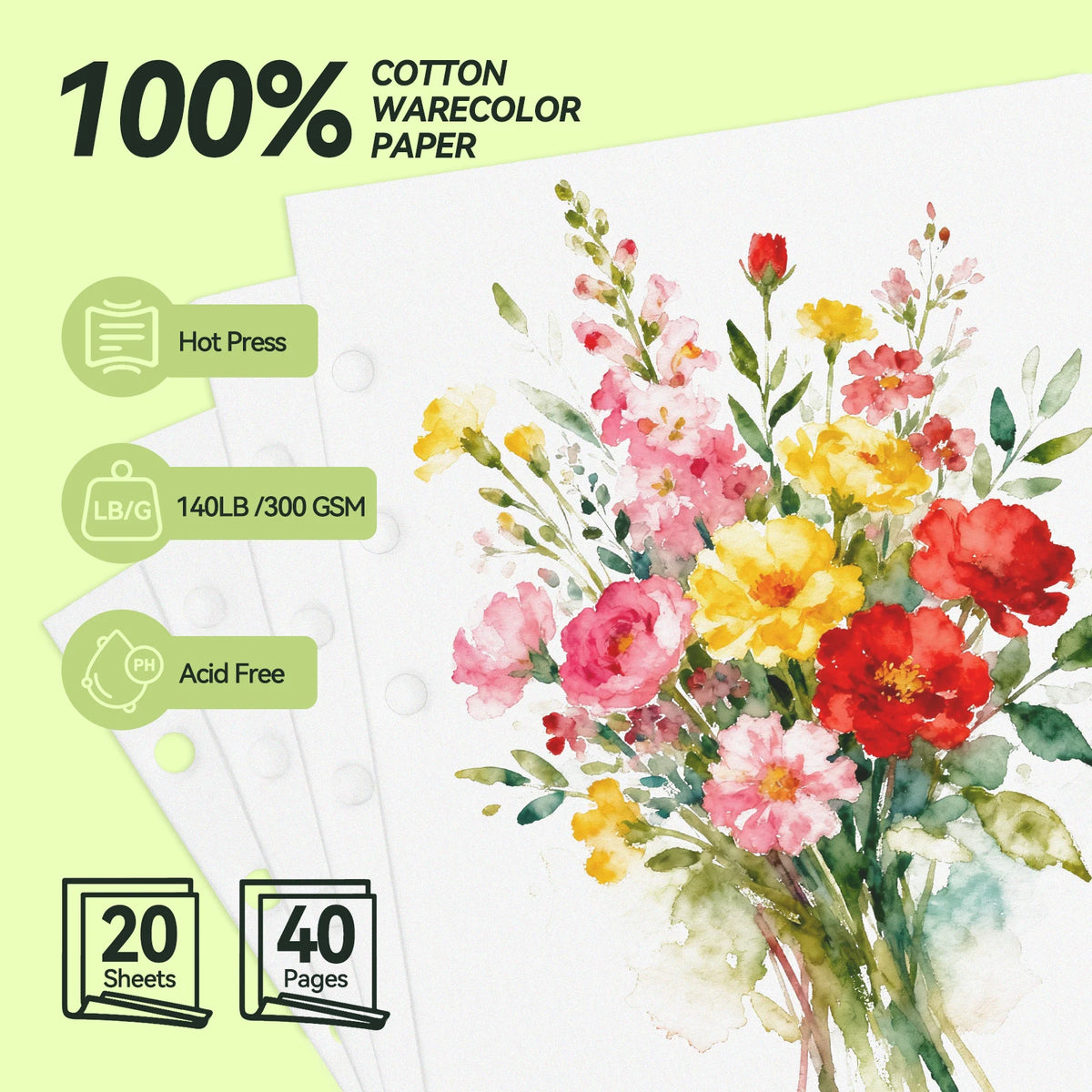 A sheet of 100% cotton watercolor paper is shown next to a floral illustration and product details.