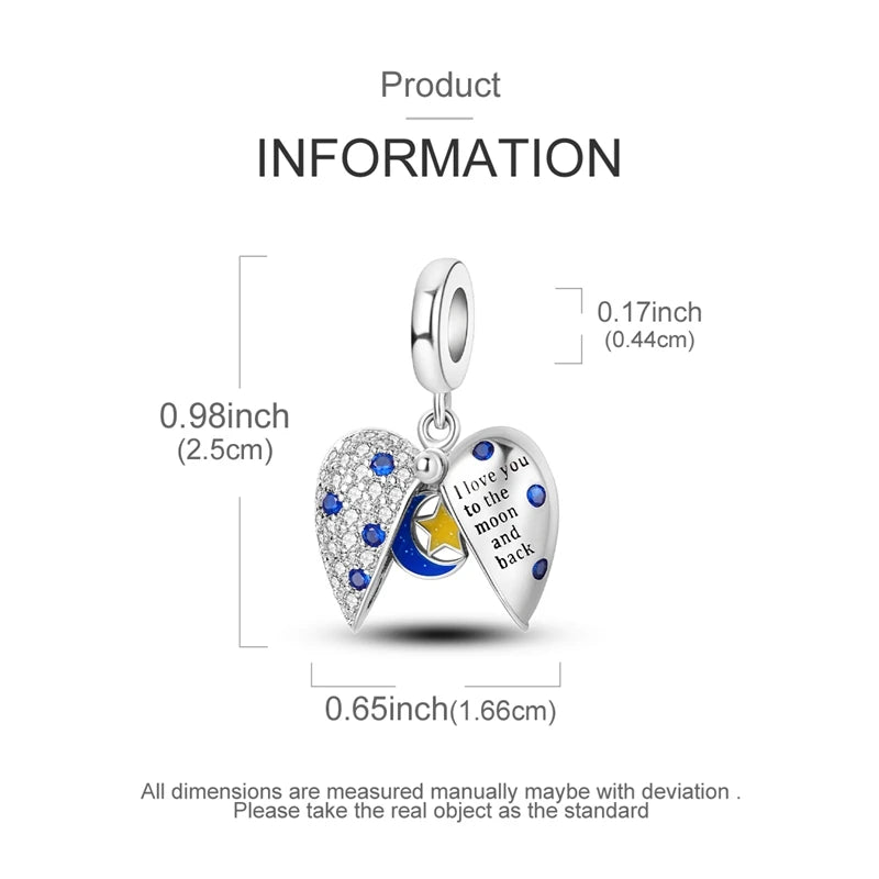 A silver heart charm with a blue gemstone and the inscription I love you to the moon and back.