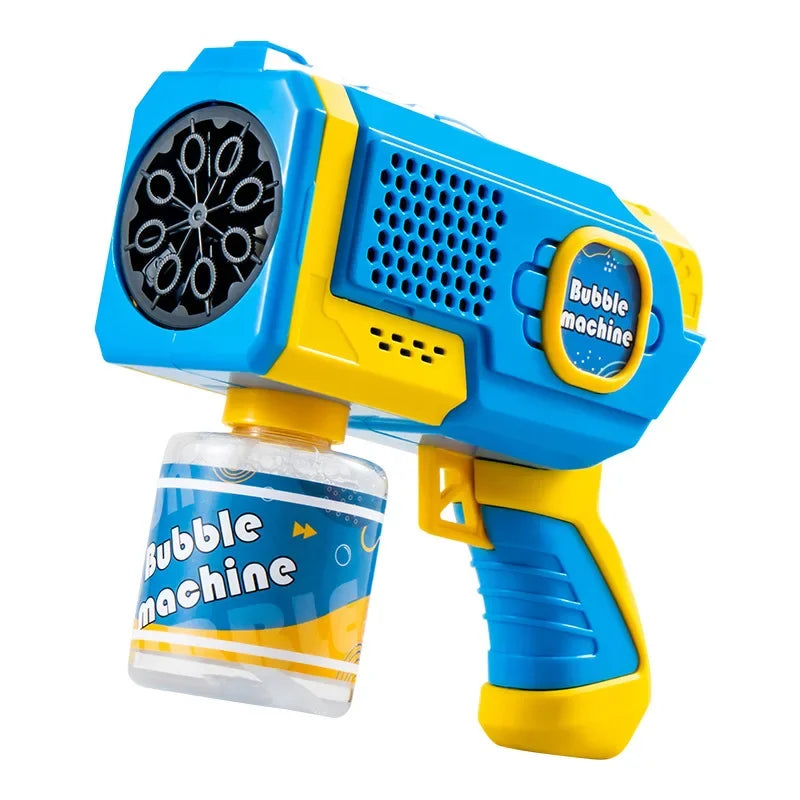 A blue and yellow electric bubble blower toy for kids with a textured nozzle and a clear bottle.