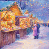 A painting of a winter night market with warm lights, decorated with Christmas garlands and falling snow.
