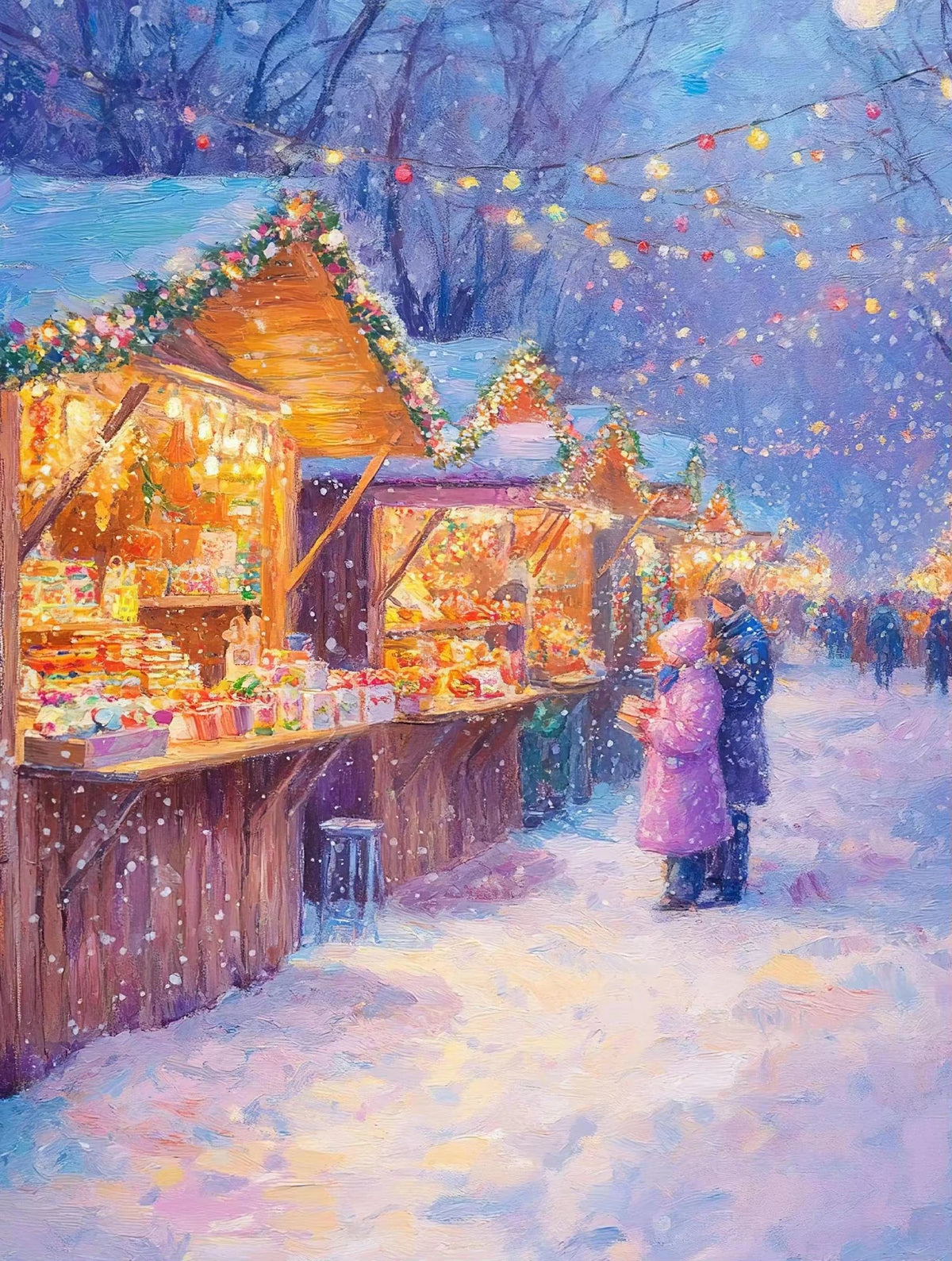 A painting of a winter night market with warm lights, decorated with Christmas garlands and falling snow.