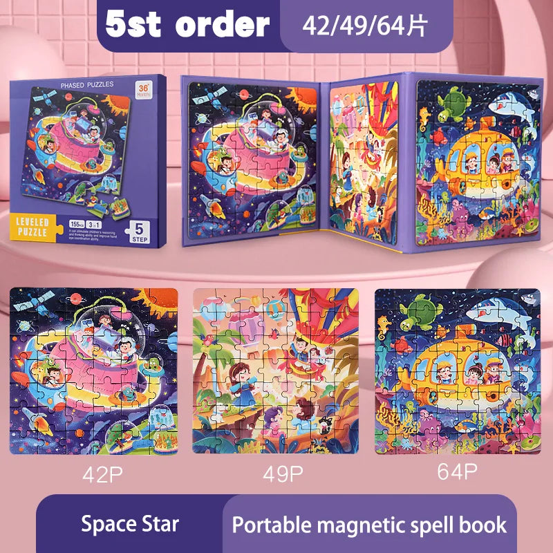 A set of magnetic puzzle books featuring Space Star themes with vehicle, ocean, and dinosaur imagery.
