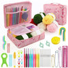 A pink storage box containing a complete 59-piece crochet kit for beginners with various colored yarn and tools.