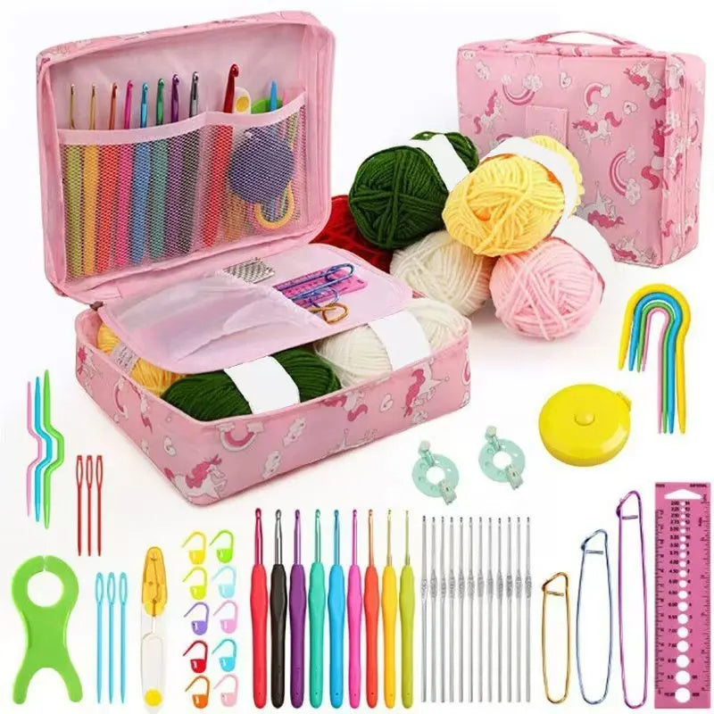 A pink storage box containing a complete 59-piece crochet kit for beginners with various colored yarn and tools.
