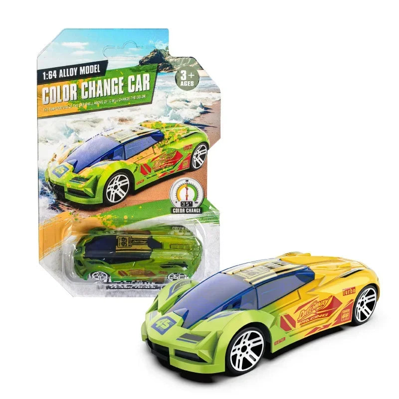 A green and yellow color changing pull-back racing car model shown in packaging and assembled form.