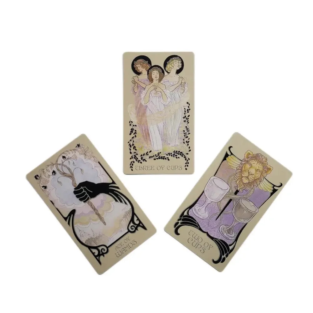 A set of tarot cards featuring illustrations of figures and cups for divination and reflection.