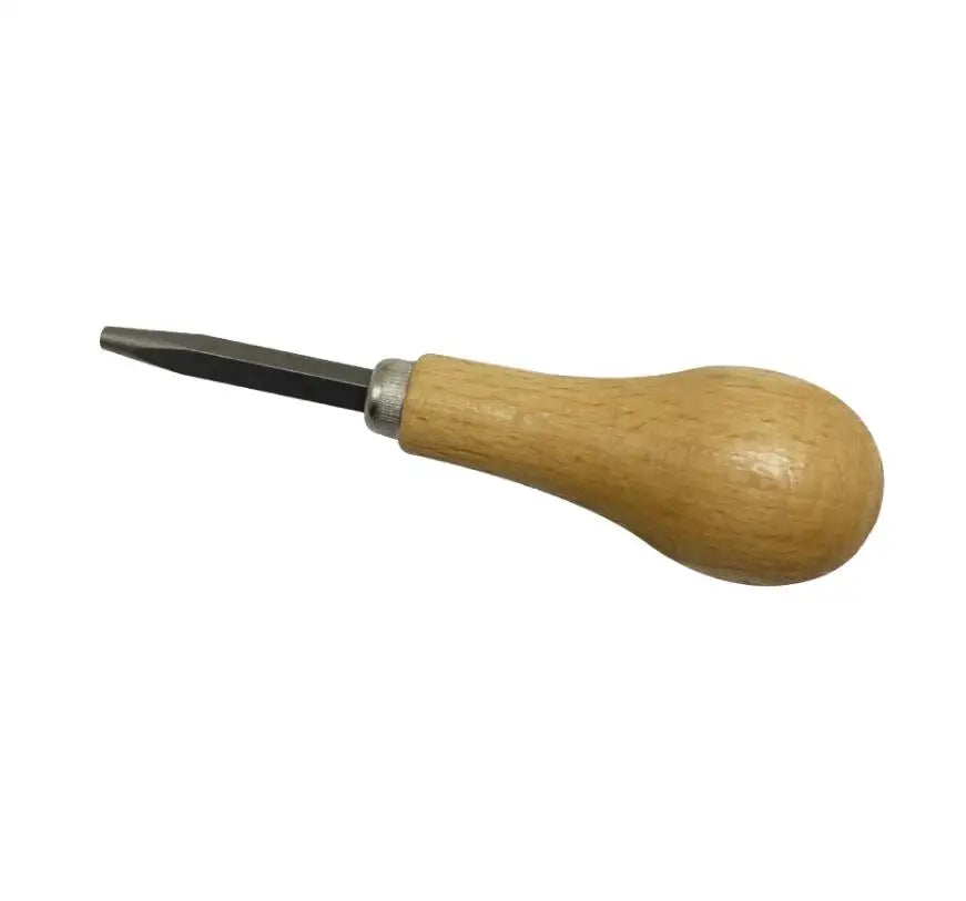 A professional bezel setting pusher tool with a metal blade and a wooden handle.