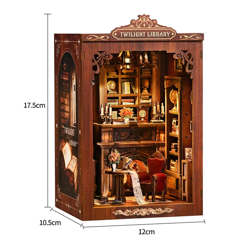A wooden Twilight Library book nook kit featuring an arched window, shelves, and a fireplace display.