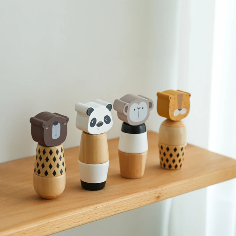A set of wooden animal puzzle toys featuring pandas, elephants, and bears for babies and toddlers.