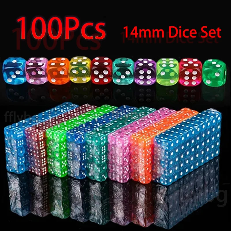 A collection of 100 transparent acrylic 6-sided dice in various colors and patterns displayed on a reflective surface.