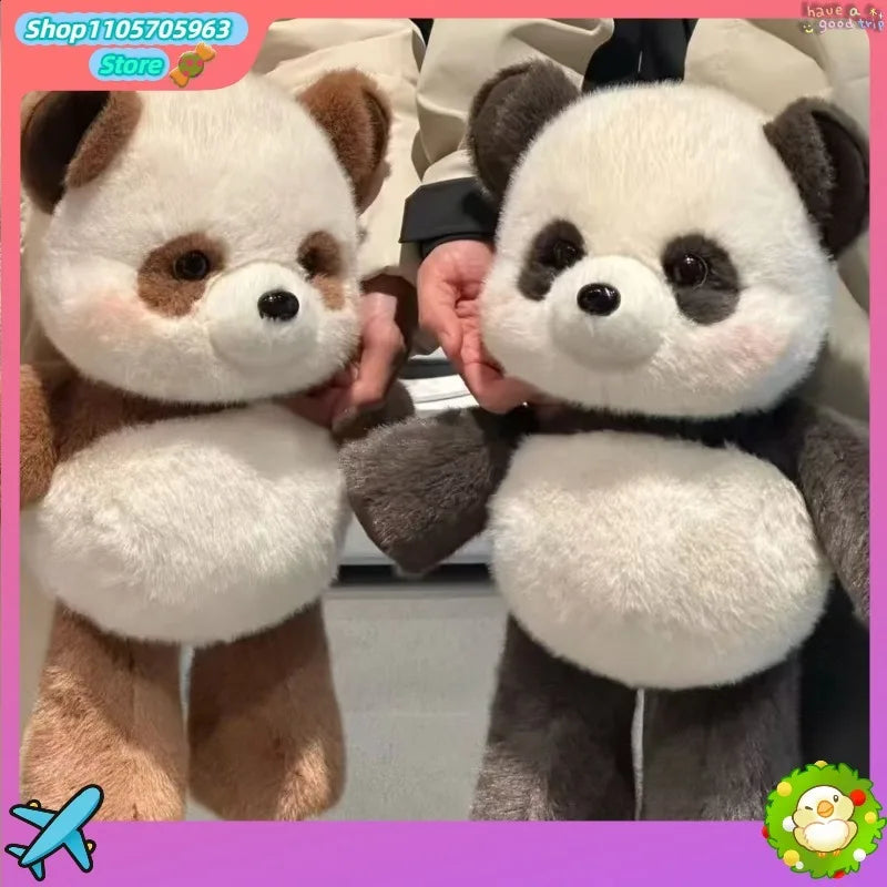 A close-up photo of two cute panda stuffed animals, one brown and white, and one black and white, displayed for sale.