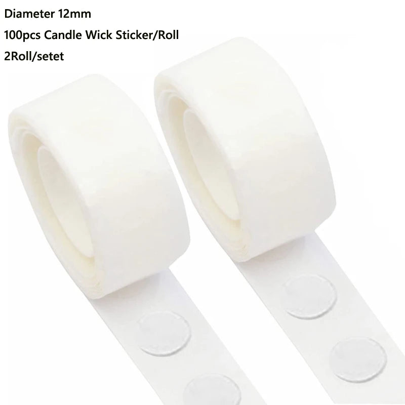 Roll of 100 pieces of 12mm candle wick stickers or rolls with metal sustainers