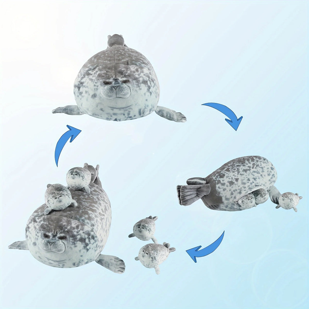 A plush seal family pillow featuring a large adult seal and four baby seals, shown in various angles.