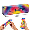 A rectangular box of salted butter squishy stress relief toy with colorful packaging shown next to hands.