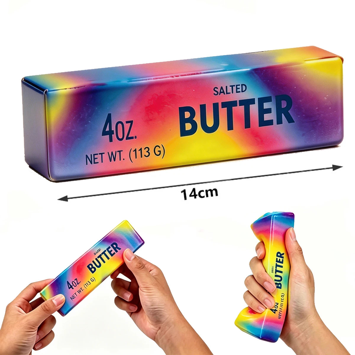 A rectangular box of salted butter squishy stress relief toy with colorful packaging shown next to hands.