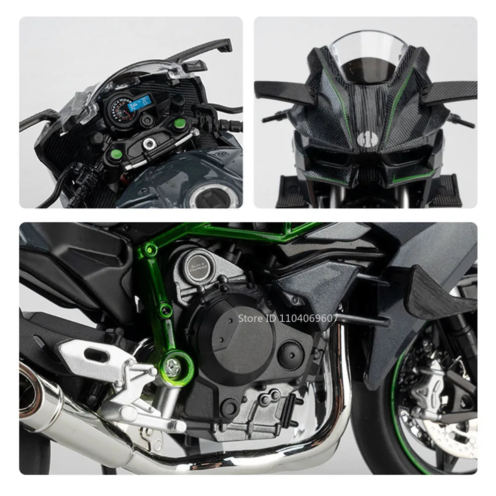Close-up view of a black sport motorcycle model showing the engine, exhaust, and front fairing details.