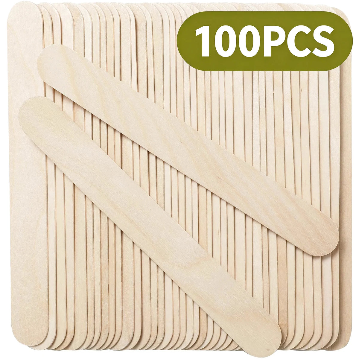A pack of 100 smooth wooden stir sticks for paint mixing and epoxy resin, shown in a square container.