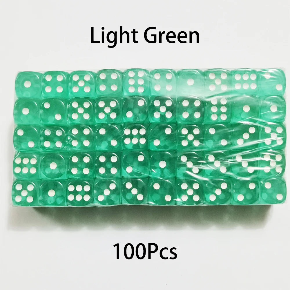 A pack of 100 light green acrylic six-sided dice with white dots, arranged in rows.