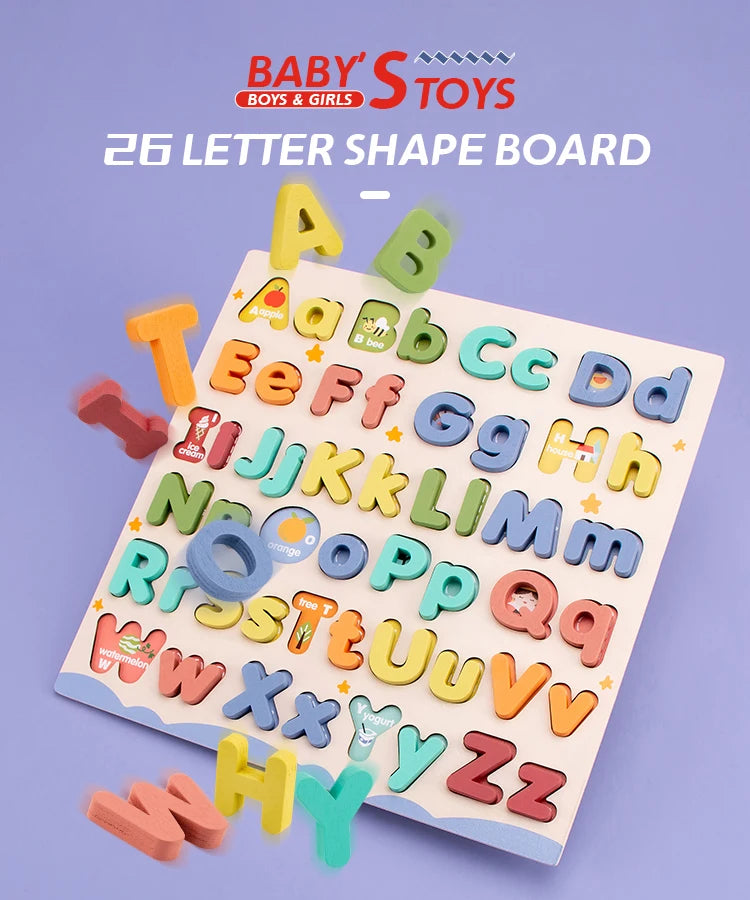 A wooden alphabet shape board featuring 26 letters for boys and girls.