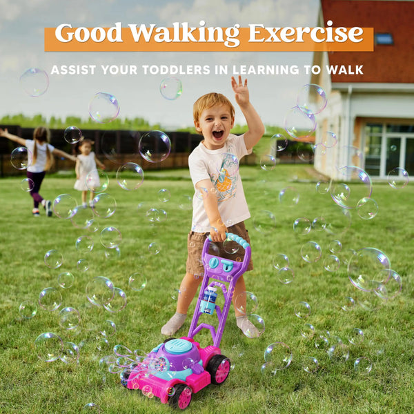A toddler is playing with a pink and purple bubble lawn mower toy in a grassy yard.