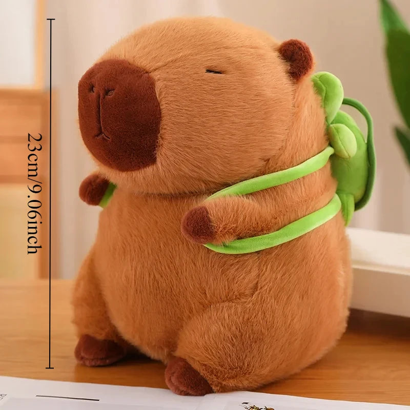 A fluffy brown capybara plush toy, representing a mother with four babies, is shown in a side view.