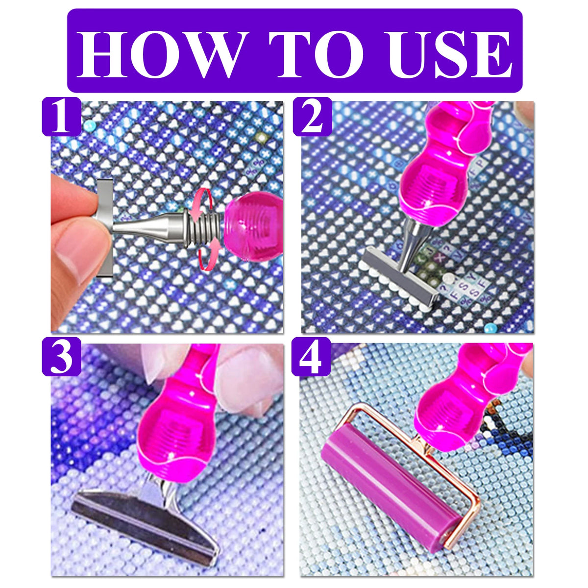 Four steps demonstrating how to use an ergonomic resin diamond art pen with interchangeable stainless steel tips.