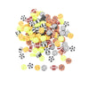 A collection of yellow and black polymer clay sport ball beads for jewelry making