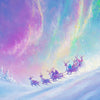 A vibrant painting of reindeer pulling a sleigh across a snowy landscape under a colorful, starry sky.