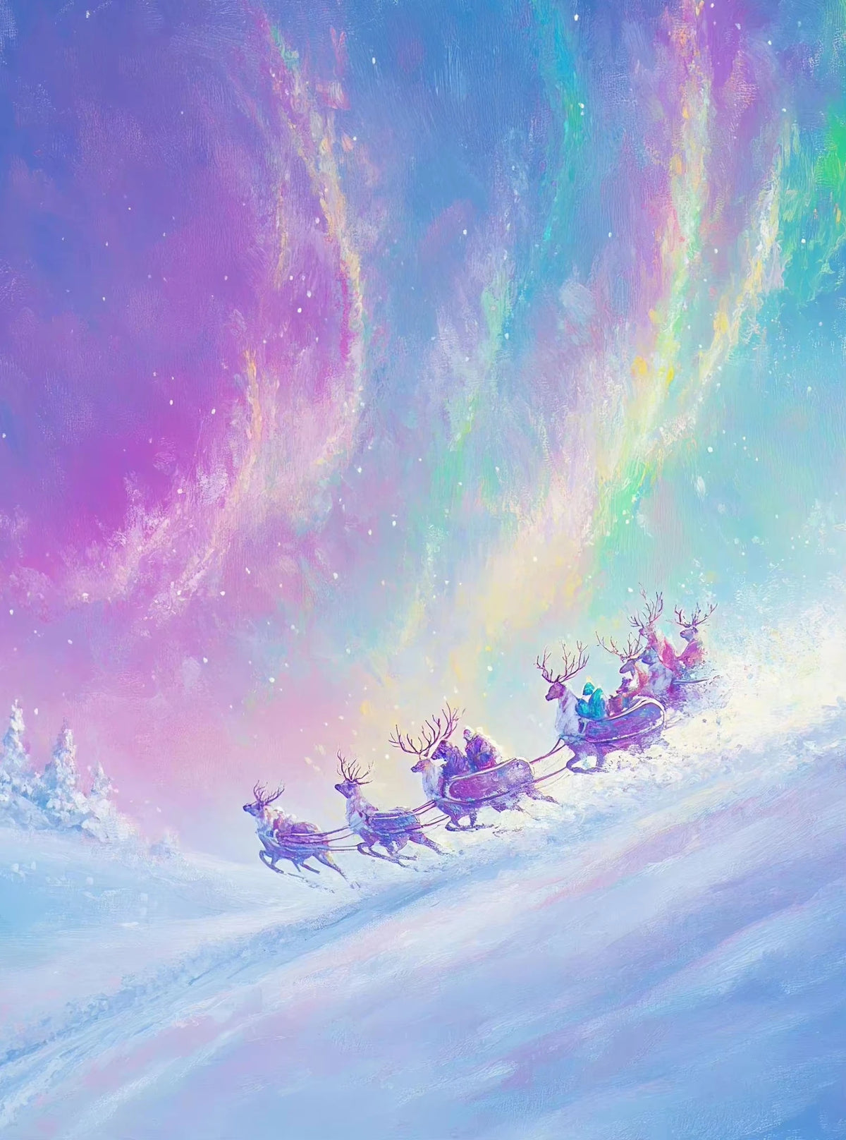 A vibrant painting of reindeer pulling a sleigh across a snowy landscape under a colorful, starry sky.