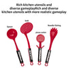 A set of red kitchen utensils including a spoon, spatula, and pizza cutter for realistic gameplay.