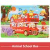 A wooden puzzle featuring an Animal School Bus with various animals and characters.