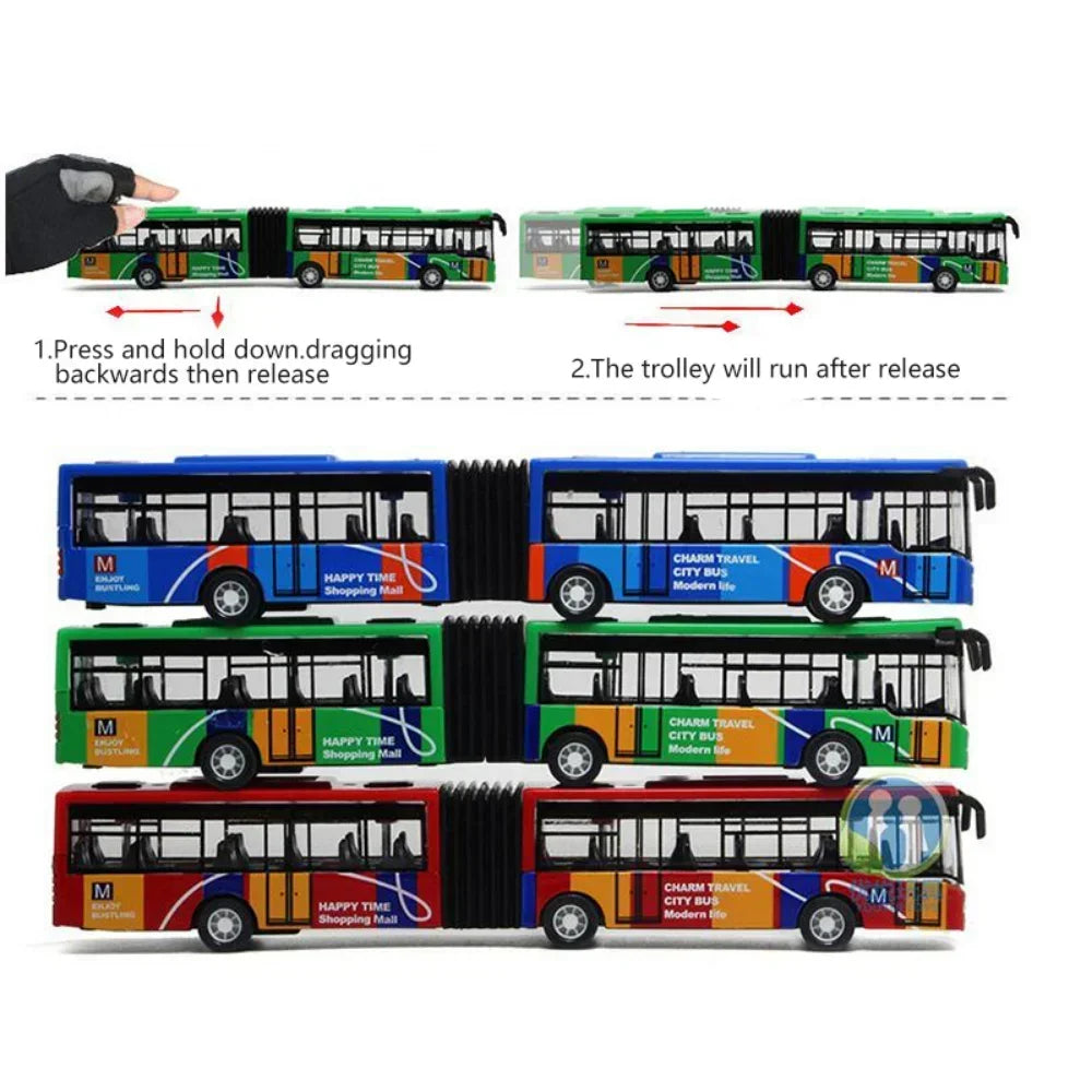 Diecast 1:64 pull-back city bus toy in green and yellow colors being demonstrated for use.