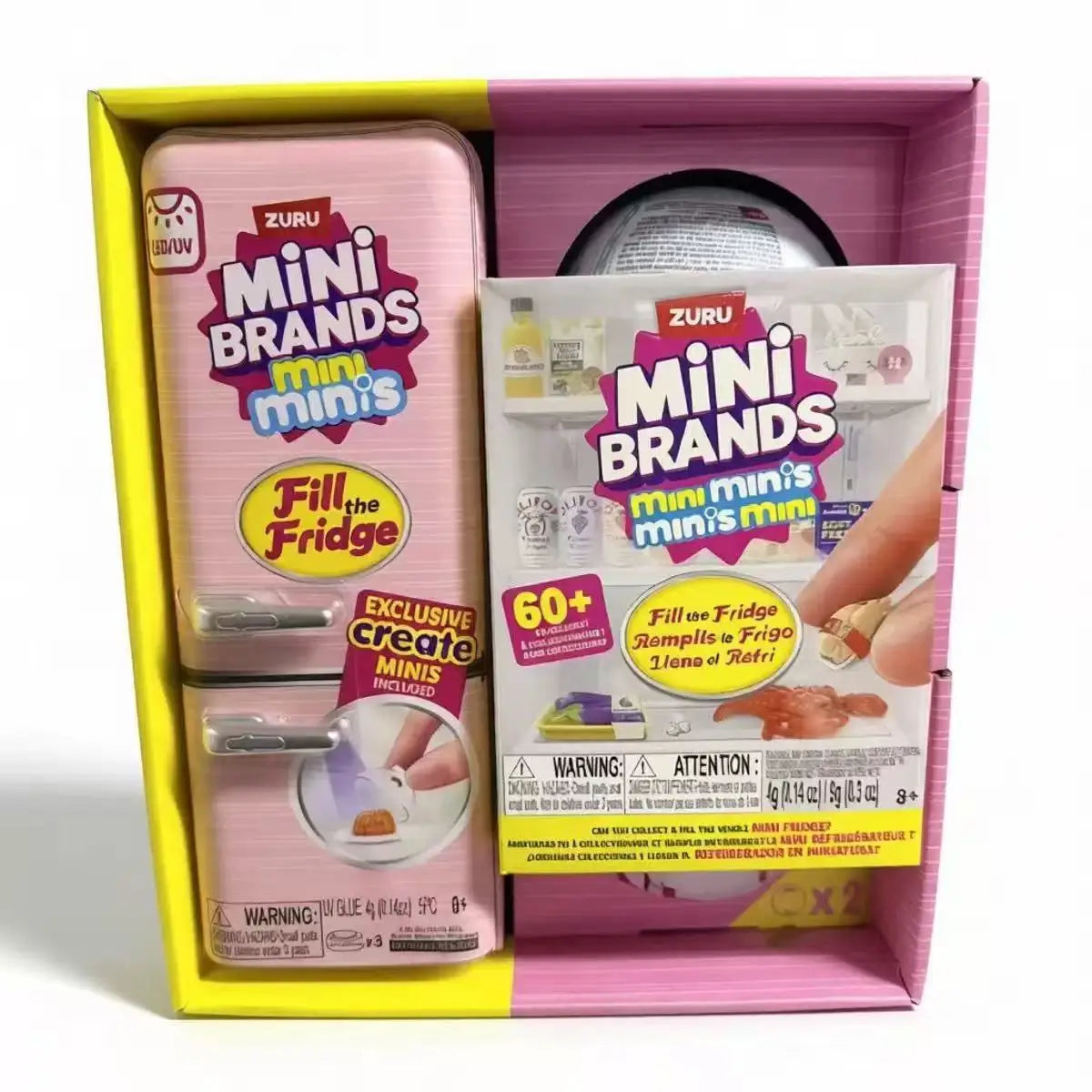 A pink box containing a miniature fridge playset with surprise mini food capsules and accessories.