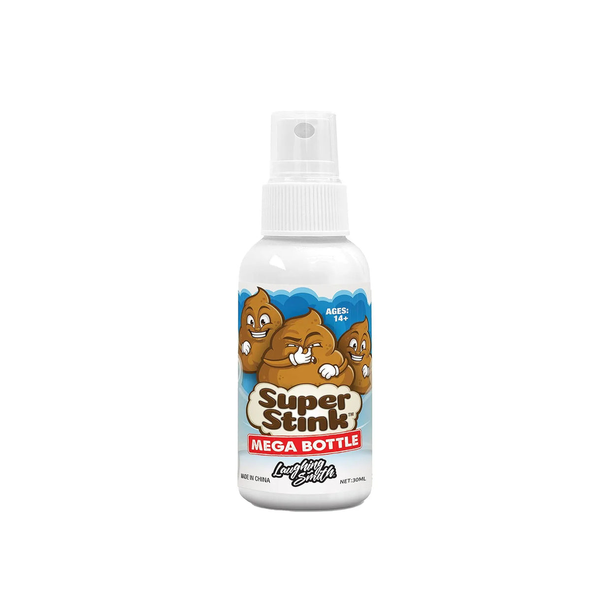 A white bottle of Super Stink Mega Bottle prank fart spray with a pump dispenser.