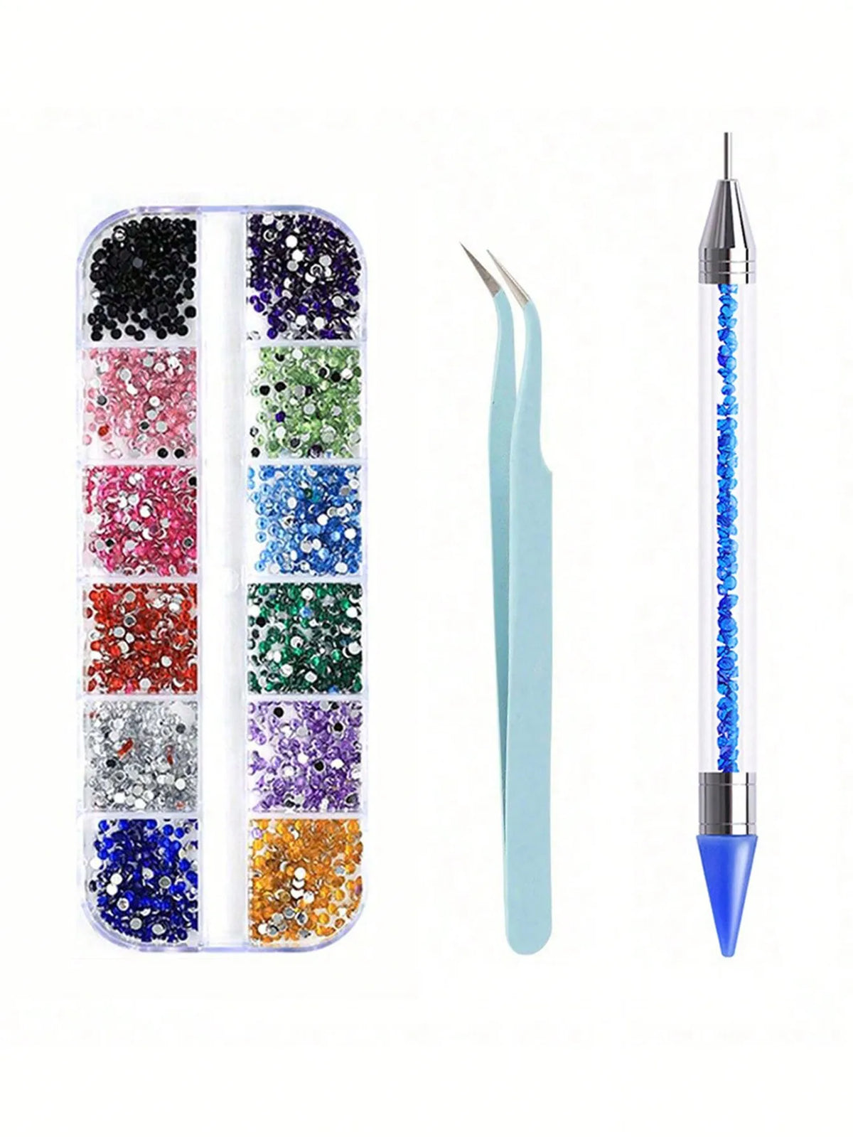 A set of multi-size flat back acrylic rhinestones in various colors and shades for nail art and DIY crafts.