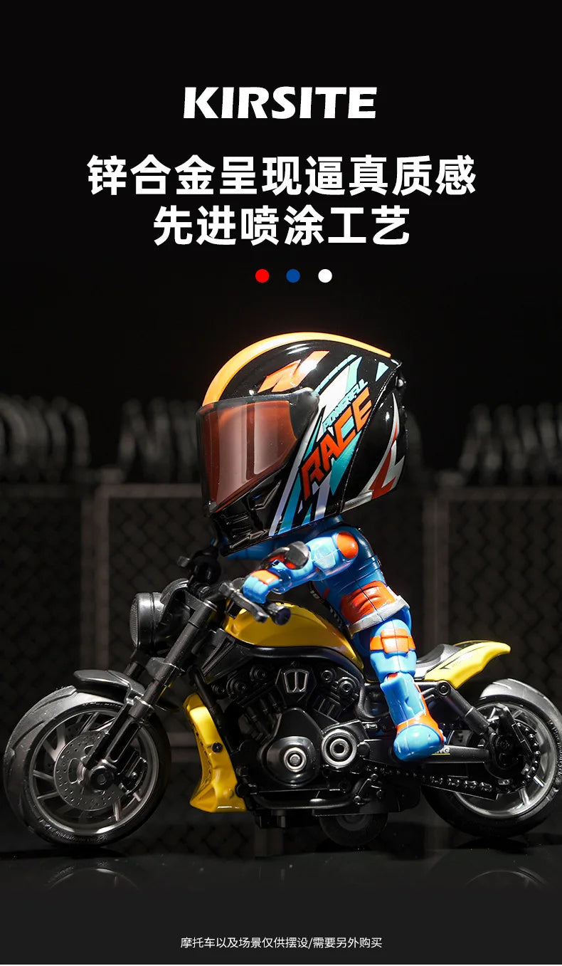 A detailed miniature collectible of a motorcycle with an orange and blue helmet displayed against a dark background.