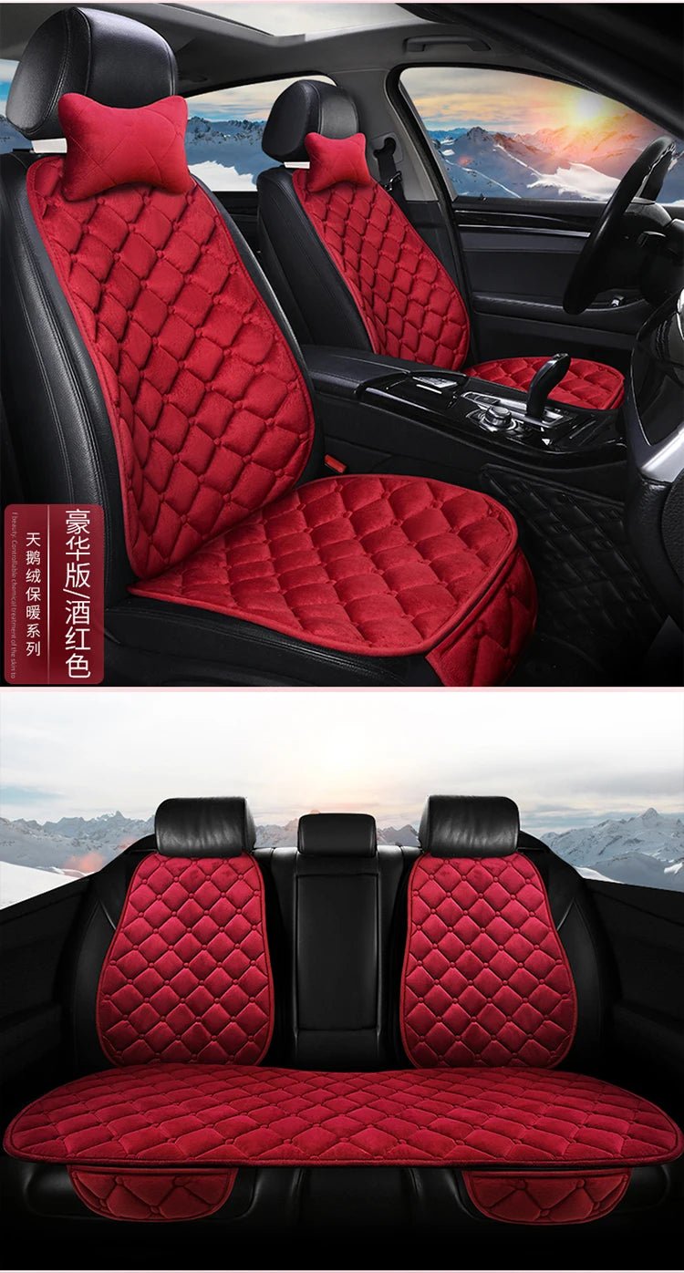 A set of red quilted car seat cushions and backrests for winter warmth.
