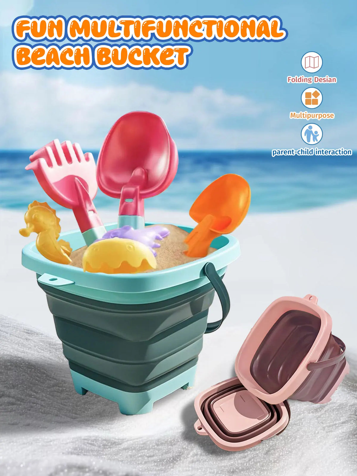 A colorful multifunctional beach bucket toy with pink and orange utensils is shown on a sandy surface.
