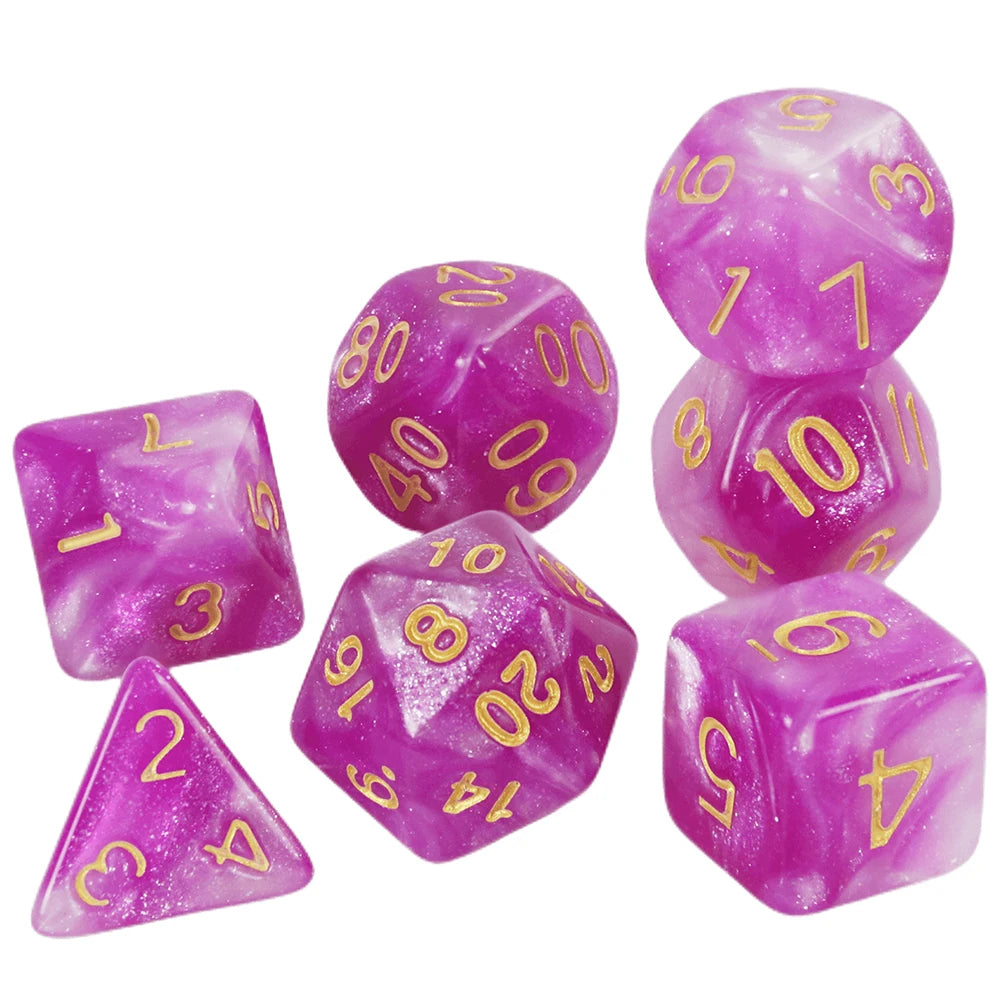 A set of purple galaxy polyhedral dice showing numbers and cosmic effects.