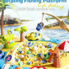 A yellow floating platform with various fish and sea creatures is shown in an outdoor fishing game setup.